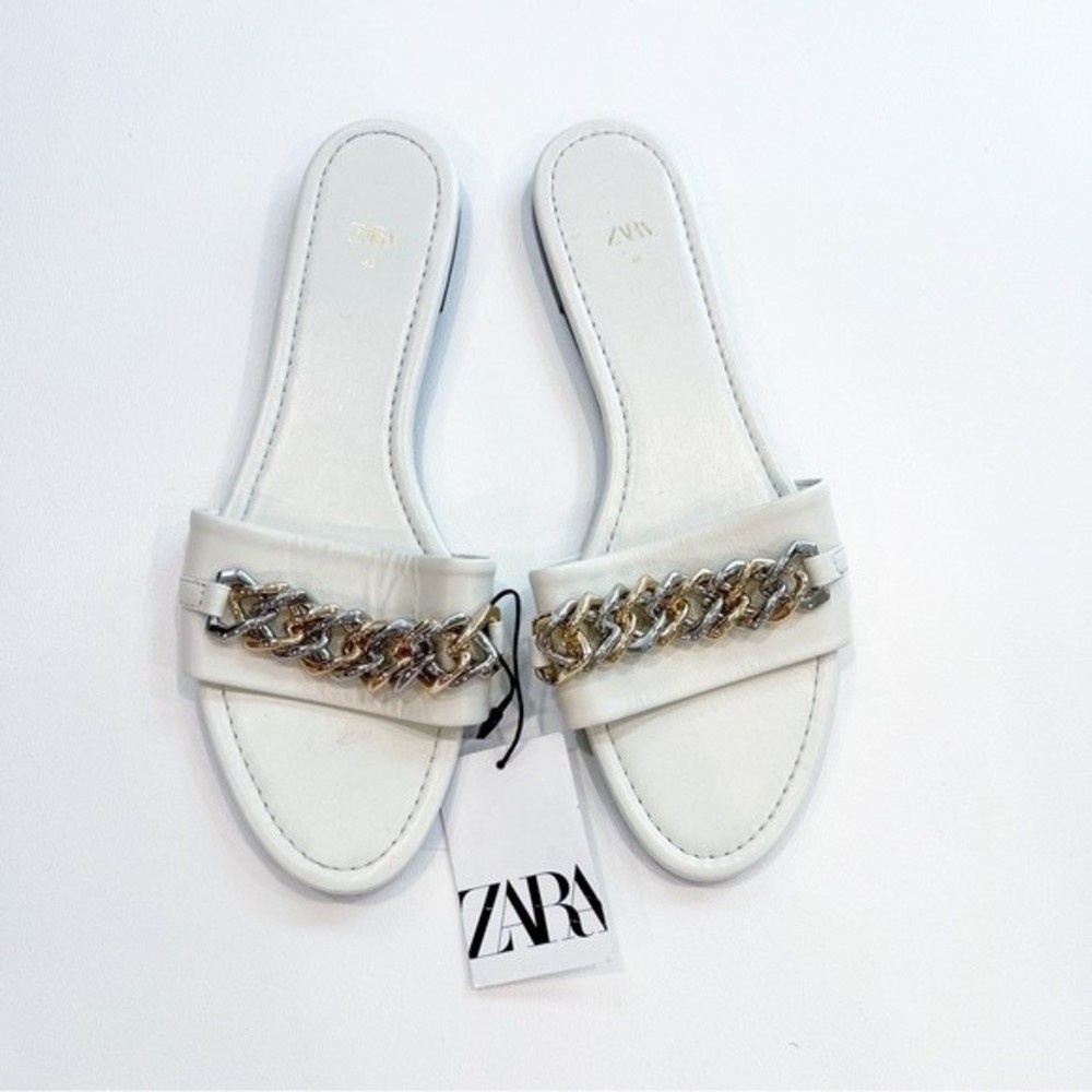 ZARA Flat Leather Slide Sandals with Gold/Silver Chain Size 40 NEW NWT - Picture 3 of 7